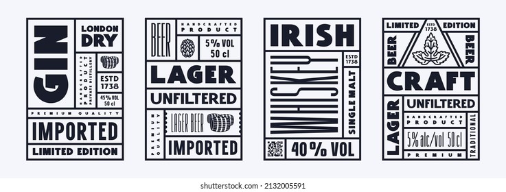 Set of template label for beer, gin and whiskey. Vector illustration. Black print on white background