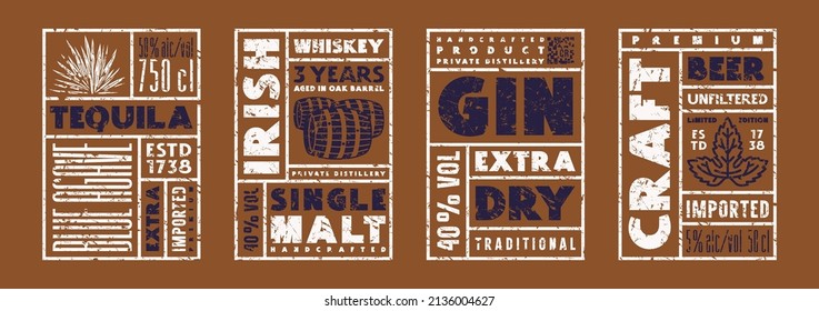 Set of template label for beer, gin, tequila and whiskey. Vector illustration. Color print with vintage texture on brown background