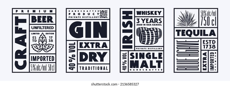 Set of template label for beer, gin, tequila and whiskey. Vector illustration. Black print on white background