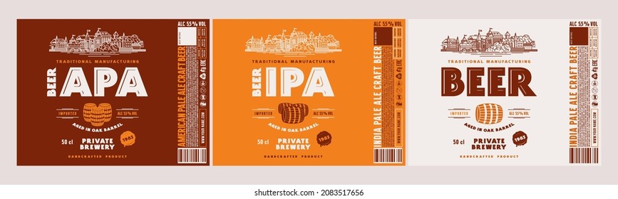 Set of template label for craft beer with decorative element old town in thin line style. American and India pale ale flavor. Vector illustration