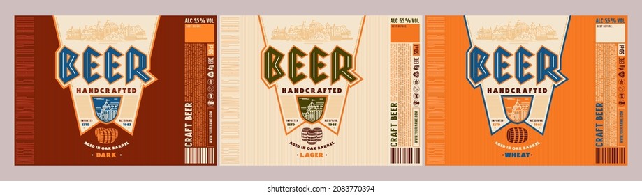 Set of template label for craft beer with decorative element old town in thin line style. Design for aluminum can and paper sticker. Dark, lager and wheat beer flavor. Vector illustration