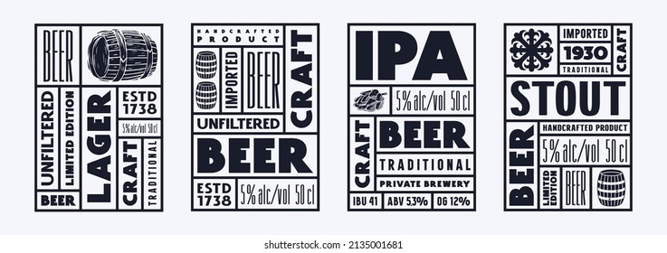 Set of template label for craft beer. Vector illustration. Black print on white background