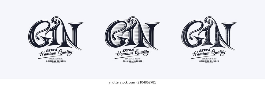 Set of template label for gin. Design with original decorative lettering. Vector illustration. Black print on white background