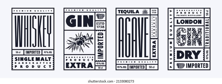 Set of template label for gin, tequila and whiskey. Vector illustration. Black print on white background