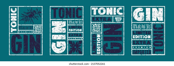 Set of template label for gin tonic. Vector illustration. Color print with vintage texture on blue background