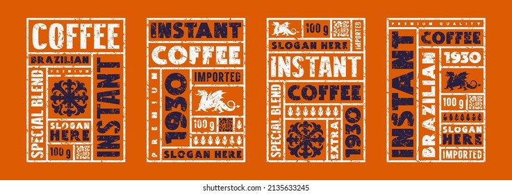 Set of template label for instant coffee. Vector illustration. Color print with vintage texture on orange background