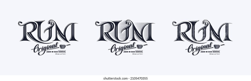 Set of template label for rum. Design with original decorative lettering. Vector illustration. Black print on white background