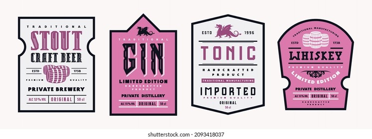 Set of template label for whiskey, gin, tonic and beer. Vector illustration
