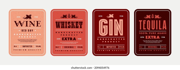 Set of template label for whiskey, gin, tequila and wine. Typography with dragon silhouette. Vector illustration