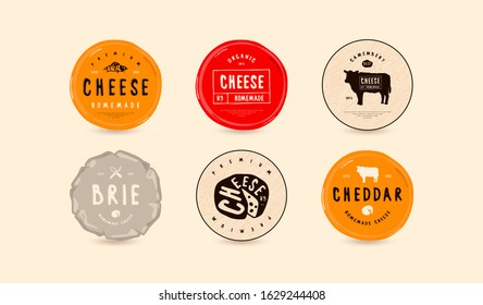 Set of template labels for cheese. Labels for camembert, cheddar and other cheeses