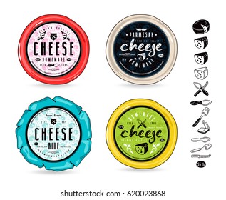 Set of template labels for cheese and design elements. Round labels with color pattern background