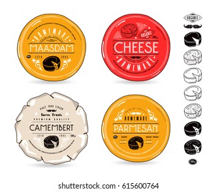 Set of template labels for cheese and icons. Labels for camembert, maasdam and parmesan cheeses with transparent background