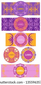 Set of template labels with hand drawn Art Deco swirls. 