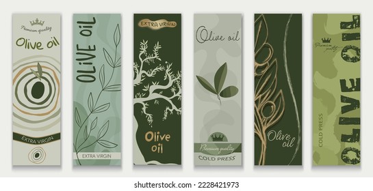 Set - template of labels or stickers for bottles or cans of tin or packaging of Vegetable Olive Oil. Modern trendy graphic design with olives leaves tree and olive twigs. Editable vector
