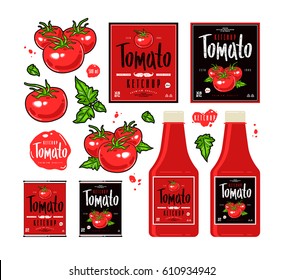 Set of template labels for tomato ketchup. Illustration of juicy tomatoes. Label with black and red background