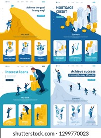 Set Template Landing page, app design, Isometric concept mortgage loan, Interest loans, achieving goal, climbing to the top.