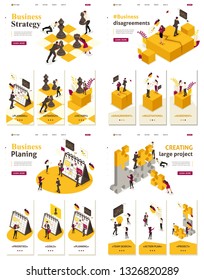 Set Template Landing page, app Isometric concept Business strategy, planning, disagreements, creating projects