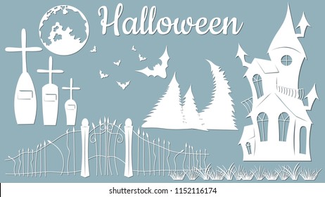 Set Template For Laser Cutting And Plotter. Vector Illustration. Animal Sticker Set - Halloween, Cross, Moon, Grave, Gate, Gate, Bat, Trees, House, Castle