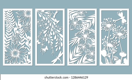 Set template for laser cutting and Plotter. Flowers, leaves for decoration. Vector illustration. Sticker set. Pattern for the laser cut, serigraphy, plotter and screen printing.