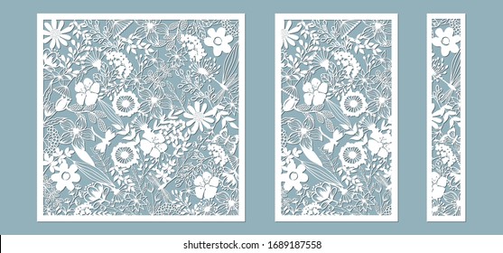 Set template for laser cutting and Plotter. Flowers, leaves for decoration. Vector illustration. Sticker set. Pattern for the laser cut, serigraphy, plotter and screen printing.