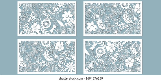 Set template for laser cutting and Plotter. Flowers, leaves for decoration. Vector illustration. Sticker set. Pattern for the laser cut, serigraphy, plotter and screen printing.