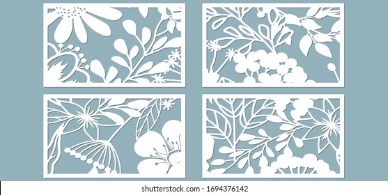 Set template for laser cutting and Plotter. Flowers, leaves for decoration. Vector illustration. Sticker set. Pattern for the laser cut, serigraphy, plotter and screen printing.