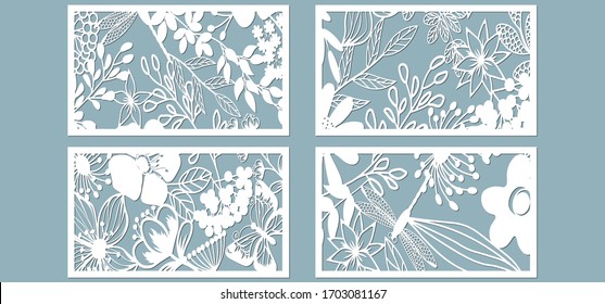 Set template for laser cutting and Plotter. Flowers, leaves for decoration. Vector illustration. Sticker set. Pattern for the laser cut, serigraphy, plotter and screen printing.