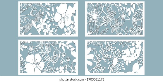 Set template for laser cutting and Plotter. Flowers, leaves for decoration. Vector illustration. Sticker set. Pattern for the laser cut, serigraphy, plotter and screen printing.