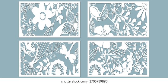 Set template for laser cutting and Plotter. Flowers, leaves for decoration. Vector illustration. Sticker set. Pattern for the laser cut, serigraphy, plotter and screen printing.