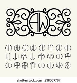Set  template letters to create monograms of two letters in scribed in a circle in Art Nouveau style