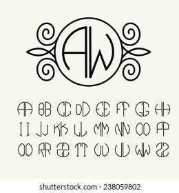 Set  template letters to create monograms of two letters in scribed in a circle in Art Nouveau style