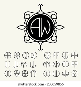 Set  template letters to create monograms of two letters in scribed in a circle in Art Nouveau style