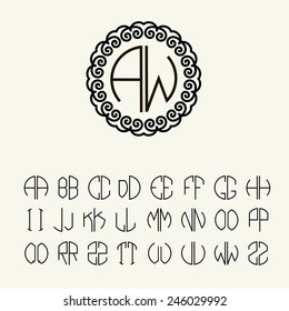 Set  template letters to create monograms of two letters in scribed in a circle in Art Nouveau style