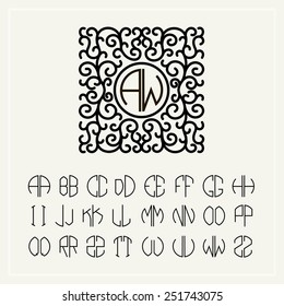 Set  template letters to create monograms of two letters in scribed in a circle in Art Nouveau style
