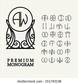 Set  template letters to create monograms of two letters in scribed in a circle in Art Nouveau style