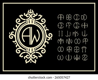 Set  template letters to create monograms of two letters in scribed in a circle in Art Nouveau style