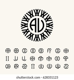 Set template letters to create monograms of two letters in scribed in a circle in Art Nouveau style.