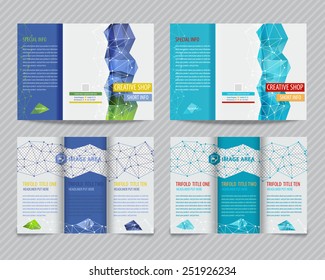 Set of template light vector design for trifold brochures with colorful polygons and white polygonal grid. Editable, bright. Proportionally for A4 size