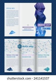 Set of template light vector designs for trifold brochure with colorful polygons and white polygonal grid. Editable, bright. Proportionally for A4 size