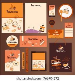 Set of template logo, banner, poster, gadget screen view with piece of cake and cup of tea for menu sweet cafe, tea room, bar, restaurant. Sketch vector illustration. 