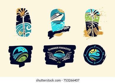  Set of template logo, logotype, poster, banner for travel agency, bureau. Sketch vector illustration.Travel around the world. Summer holiday, life, journey, tour, paradise.