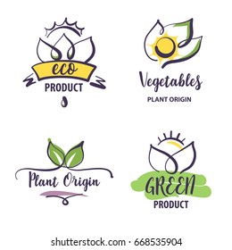 Set of template logo for shop, market with grown with love natural product plant and vegetable. Sketch image of sun and leaf. 