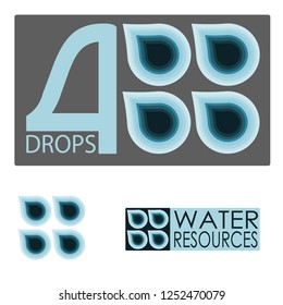 Set of template logos: four dropos, water resources, graphic elements which look like 4 water drops are falling.