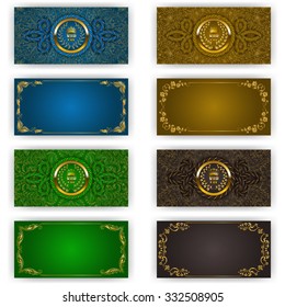 Set of template for luxury invitation, gift card with rope decor, lace ornament, crown, ribbon, laurel wreath, drapery fabric, place for text. Floral elements, ornate background. Illustration EPS 10.