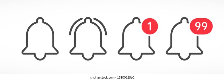 Set template notification bells in line style. Web element, symbols, buttons, app, ui. Notification bells outline with numbers. Vector illustration. EPS 10