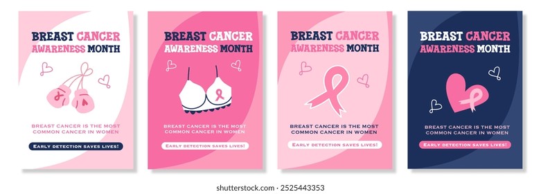 Set of template October Breast Cancer awareness month. Pink Ribbon with heart shape. Pink october month female healthcare campaign solidarity for social media posting, banner, flyer, web and poster