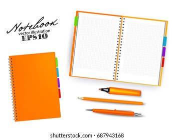 Set of template orange copybook  with pen, pencil and permanent marker. vector illustration stationery

