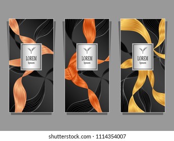 Set Template for package or flyer or label from Luxury background made by foil abstract ribbons waves hair in orange silver on black for cosmetic or perfume or for hair dye or  for brand book