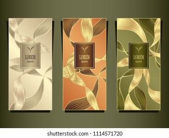 Set Template for package or flyer or label from Luxury background made by foil abstract ribbons waves hair in gold beige peachy olive  for cosmetic or perfume or for hair dye or  for brand book