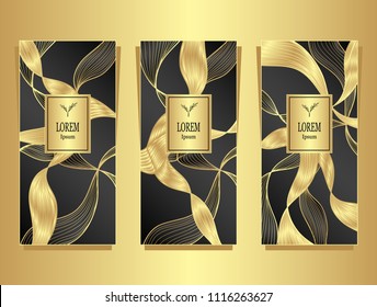 Set Template for package or flyer or label from Luxury background made by foil abstract ribbons waves hair in black gold for cosmetic or perfume or for hair dye or  for brand book